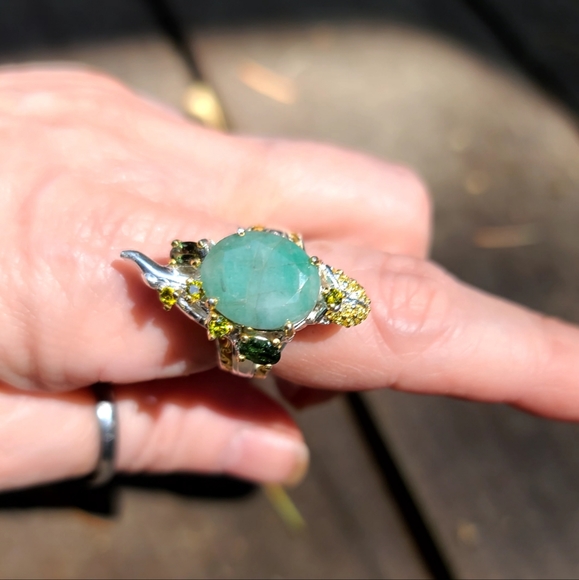 12k Emerald & Tourmaline Lizard 🦎 sterling &gold ring sz7.5 💍 - Picture 7 of 8